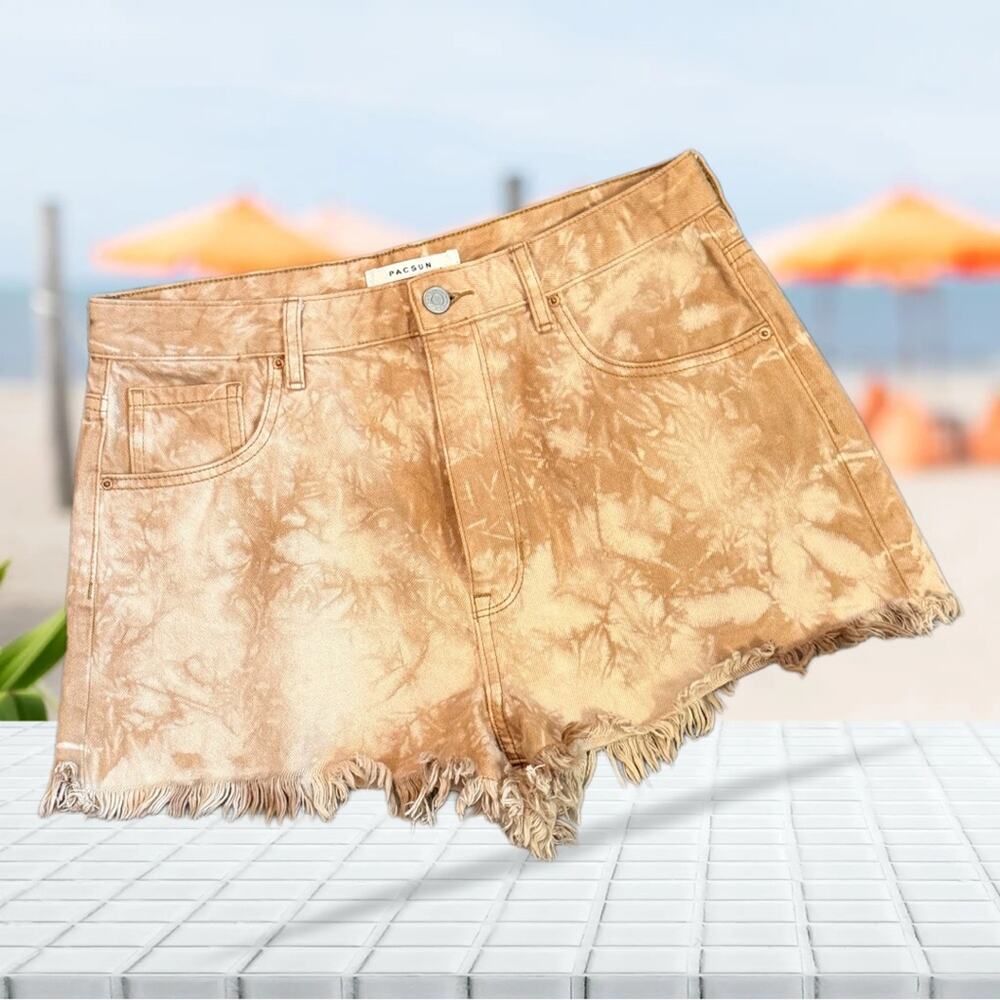 PacSun Tan Tie Dye Frayed High Rise  Hem Tan Brown Denim Shorts Size 29